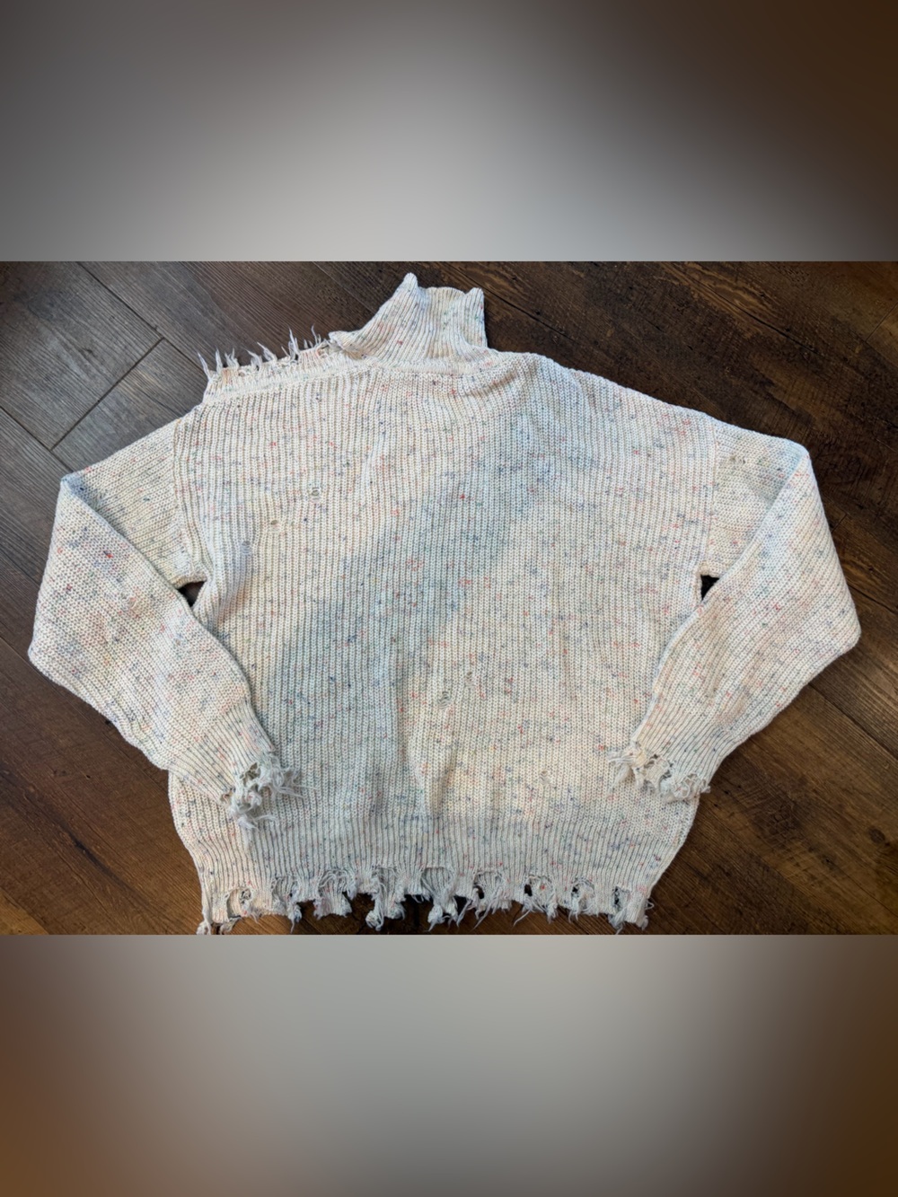 Ivory Speckled Fringe-Hem Turtleneck Sweater